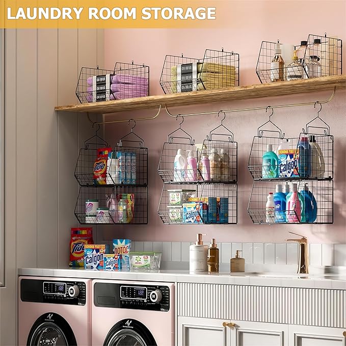 X-cosrack 3-Tier Hanging Closet Organizer, Laundry Room Organization | Space Saving Shelves with 1.65" Hook & 5 S-Hooks | Hanging Wire Baskets (12.4" W x 8.8" H x 10.24-11.8" D)