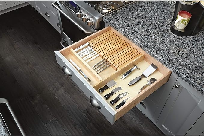 Rev-A-Shelf Trim To Fit Knife Block Drawer Organizer with Silverware Storage Holder for Kitchen Utensils, 19 Slot Cutlery Tray Insert, Wood, 4WKB-1