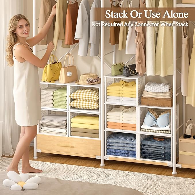 2 Pack Stackable Closet Organizers and Storage Basket, Closet Shelves with Wood Top Extra Storage, Multifunctional Clothes Organizer Bins/Cube Storage Drawer for Wardrobe Kitchen Laundry Room, White