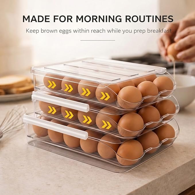 Egg Holder for Fridge with Rolling Auto Dispense, Egg Dispenser for Refrigerator, Stackable Egg Organizer for Refrigerator, Holds 54 Eggs, Clear Space Saving Storage Container for Kitchen Use
