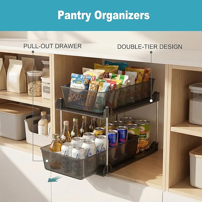 2 Pack Bathroom Organizer,2 Tier Clear Under Sink Organizers Vanity Countertop Storage Container,Cabinet Drawers Bins, Pull-Out Organization with Track for Pantry, Kitchen