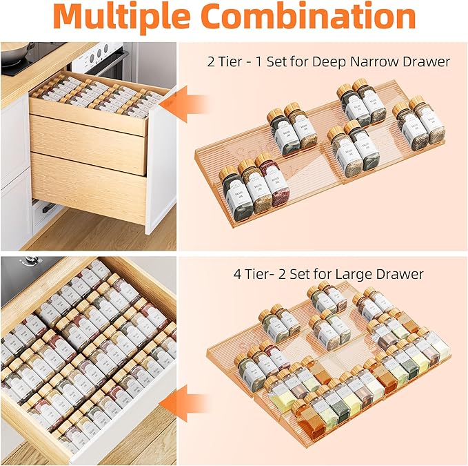 PanPanPal 8 Packs Spice Drawer Organizer, 2-Tier Acrylic Drawer Seasoning Organizer, Expandable From 11'' to 22'' Kitchen Spice Rack Organizers and Storage for Drawer (Jars not included), Amber
