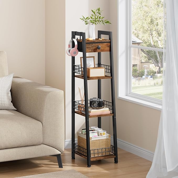 4-Tier Narrow Ladder Shelf with Drawer, Bathroom Table Stand for Small Space
