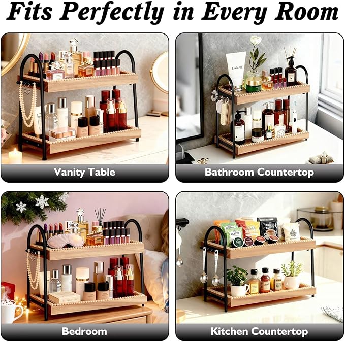 Large 2-Tier Bathroom Countertop Organizer with 8 Jewelry Hooks, 17.3" Eco-Coated Wood Vanity Tray for Perfume & Makeup, Skincare Storage Shelf for Dresser Coffee Bar Kitchen (Light Brown & Black)