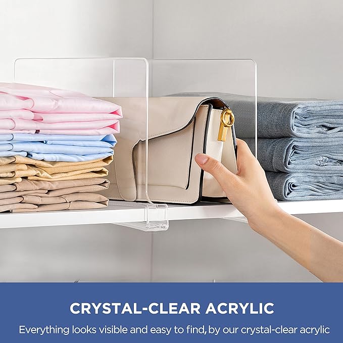 HBlife 2 Pack Clear Shelf Dividers, Vertical Purse Organizer for Closet Perfect for Sweater, Shirts, Handbags in Bedroom and Kitchen, Adjustable Acrylic Bookshelf for Organization