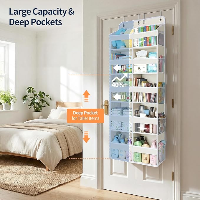 Yecaye Over The Door Organizer, 5 Tier Extra Large Behind Door Storage of 10 Compartments, 80lbs Heavy Duty Door Organizer Hanging with Clear Window for Closet Bedroom Pantry Bathroom, Beige