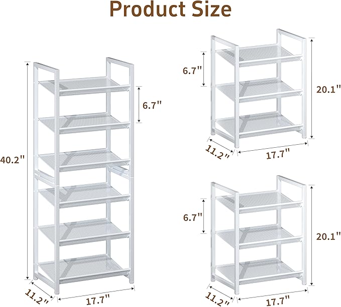 Stackable Shoe Rack, 6 Tier Metal Shoe Storage for 12-15 Pairs, Vertical Shoe Shelf for Small Space Front Door Entrance Closet Garage, White