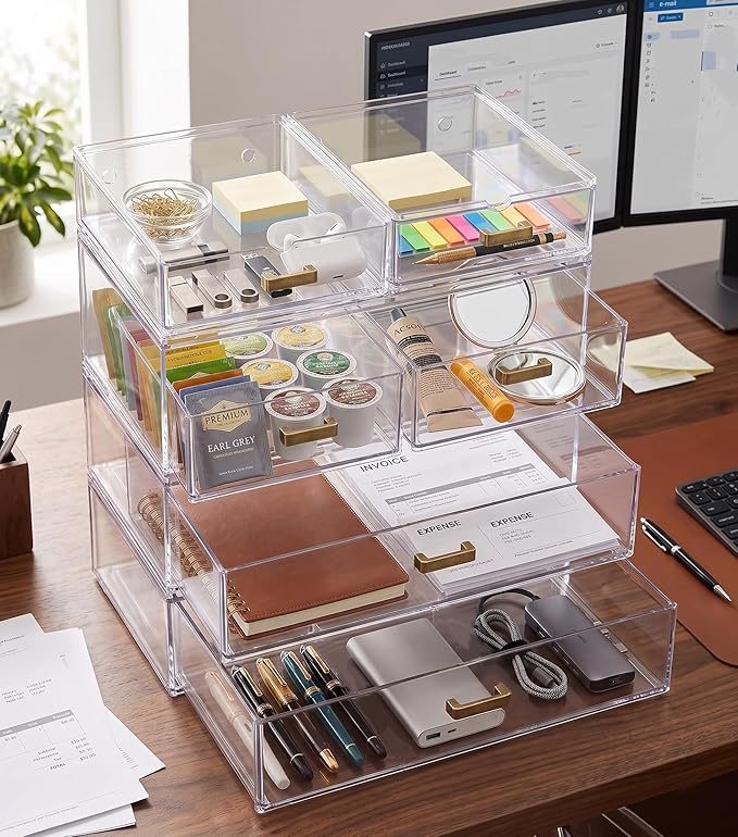 LALOBLUE Stackable Storage Drawers, 6 Pack Clear Acrylic Organizer Bins with Golden Handles, Multi-Size Plastic Drawers for Makeup, Vanity, Kitchen, Bathroom, Office, Pantry Organization and Storage