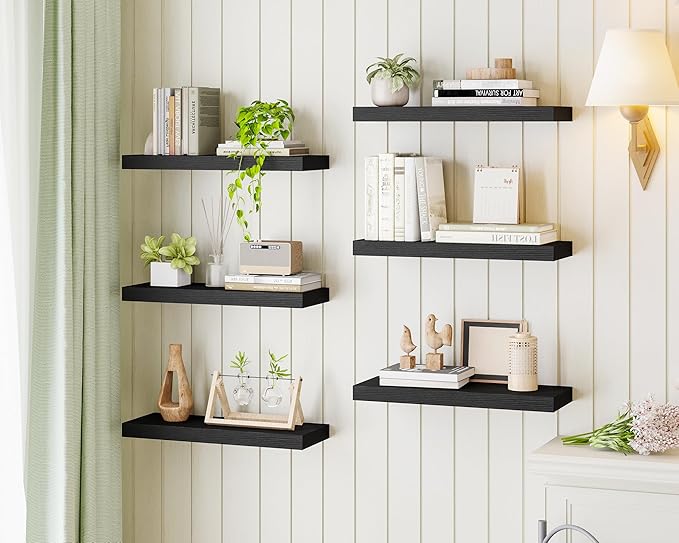 Fixwal Black Shelves, 15.7in Floating Shelves, Farmhouse Shelf Wall Decor for Bathroom, Bedroom, Living and Kitchen Set of 6