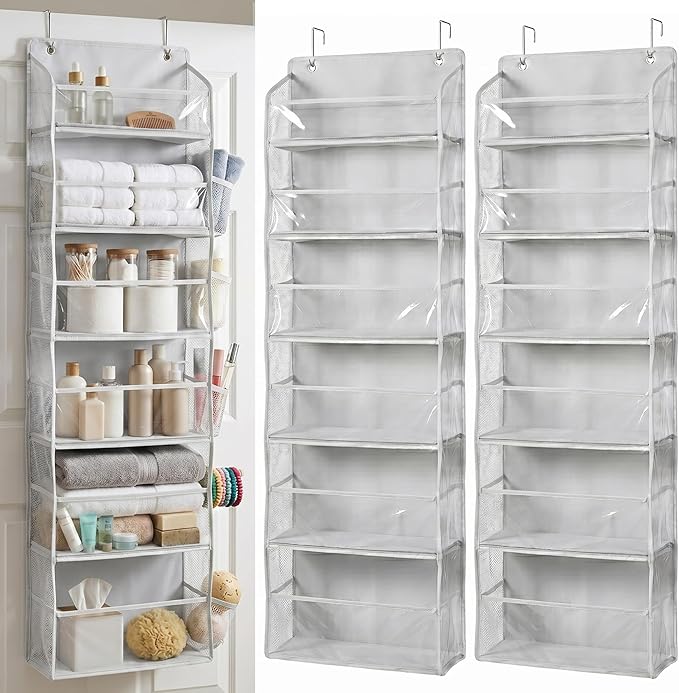 HOMELUX THEORY UPGRADED 6 Tiers Over The Door Organizer Hanging - 100D EXTRA THICK & 50lbs HUGE CAPACITY, 12 Side Mesh Pockets Over The Door Shoe Organizer, Hanging Closet Organizer (Transparent, 2pc)