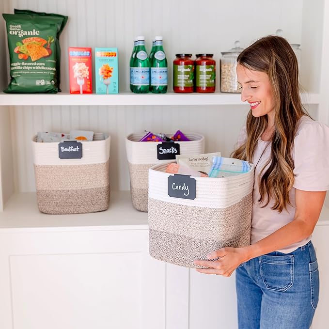 NaturalCozy Storage Cubes 11 Inch Cotton Rope Woven Baskets for Organizing, 3-Pack | Cube Storage Bin | Square Storage Baskets for Shelves Organizer, Classroom, Kids Toy Bins, Closet, Baby Nursery