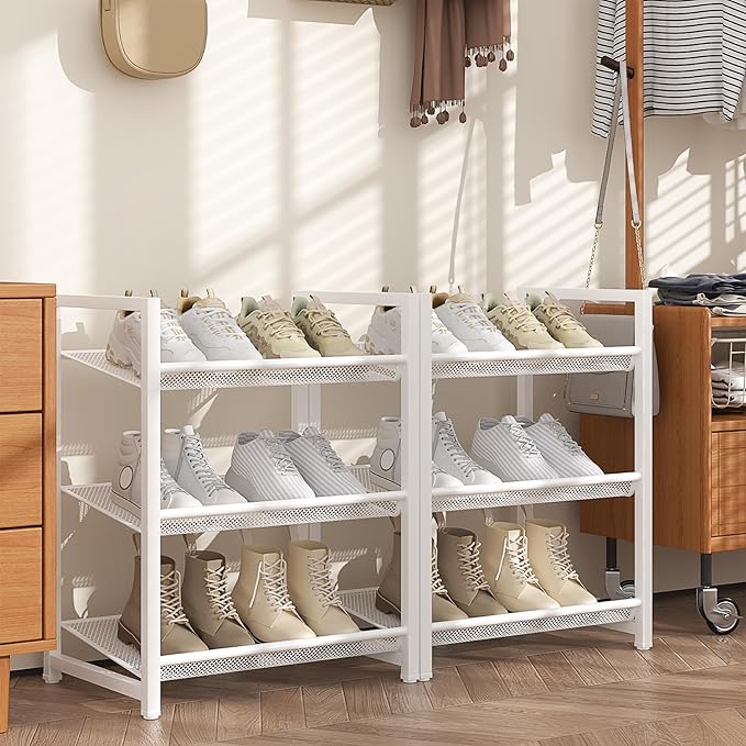 Stackable Shoe Rack, 6 Tier Metal Shoe Storage for 12-15 Pairs, Vertical Shoe Shelf for Small Space Front Door Entrance Closet Garage, White