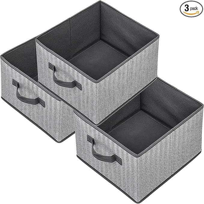 Storage Baskets, 11-Inch Woven Fabric Bins, Storage Cubes with Reinforced Handles, Organizer Bins for Closet Shelves, Foldable, for Toys, Clothes (3PCS/Grey-11*11*7.8inch)