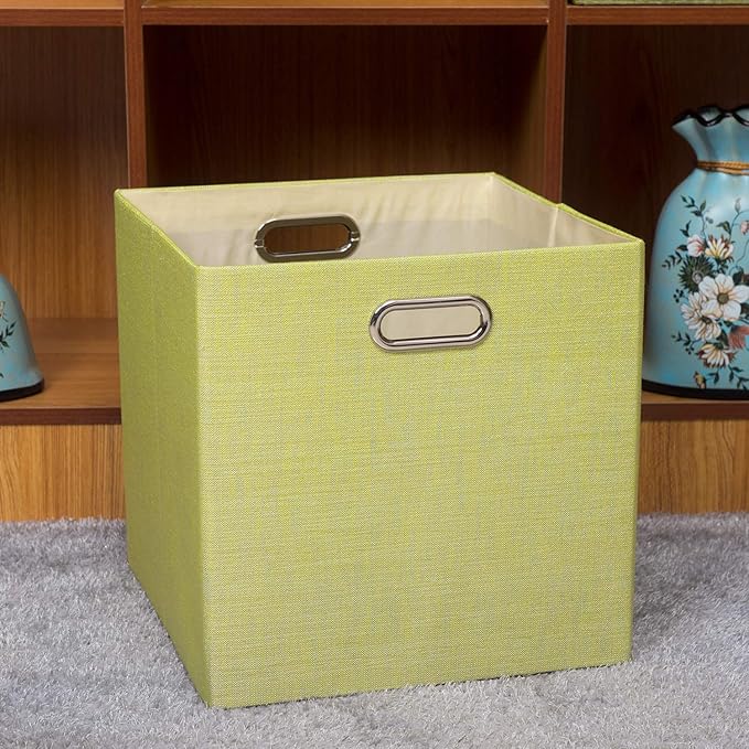 Posprica Foldable Storage Bins,13×13×13 Storage Cubes Boxes Baskets Containers for Shelf Bookcase,Thick Fabric Drawers - Set of 4, Yellow/Beige mixed