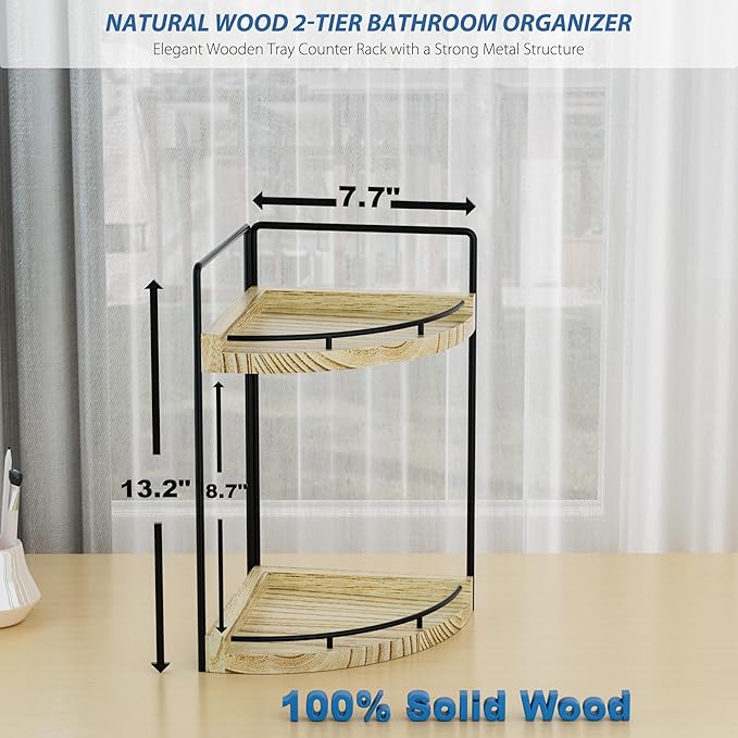 Corner Bathroom Counter Organizer, 2 Tier Wood Vanity Storage, Rustic-2 Tier