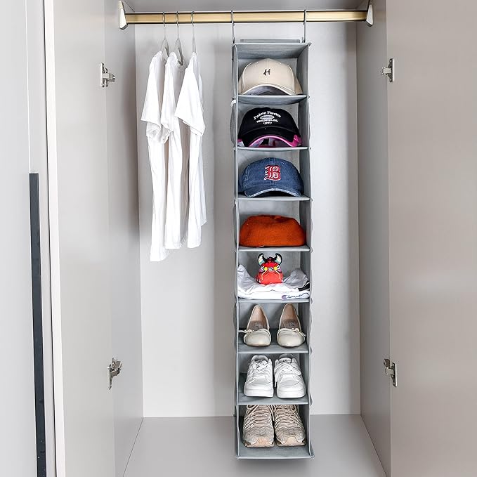 Berdeng Hanging Shoe Organizer for Closet with Side Mesh Pockets，Hat Racks for Baseball Caps，Shoe and Hat Holder & Storage，8-Shelf，Gray，2 Pack