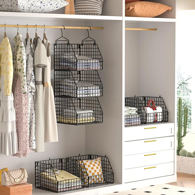 PUPPYCUTE Larger & Deeper Hanging Storage Basket, Closet Organizers and Storage, Hanging Shelves Wire Baskets for Clothing Sweaters Purse Handbags Shoes Black 3 Tier