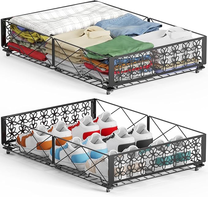 Under Bed Storage with Wheels, Rollable Under Bed Storage Container, Foldable Metal Under Bed Organizer for Bedroom Clothes Shoes Blankets Storage (2black, Black)