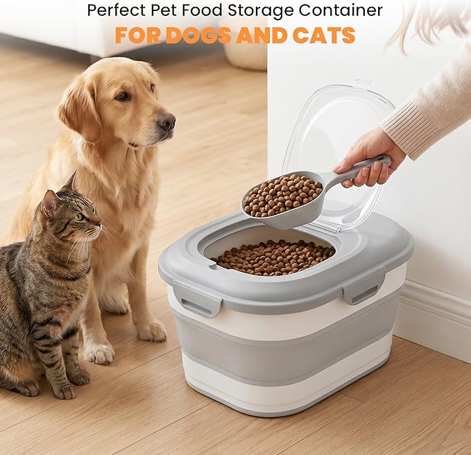 30 Lbs Dog Food Storage Container with Wheels, Collapsible Pet Food Storage Container with Clear Window, Measuring Cup & Scoop, BPA Free Cat Food Container for Rice, Flour, Grain, Bird Seed