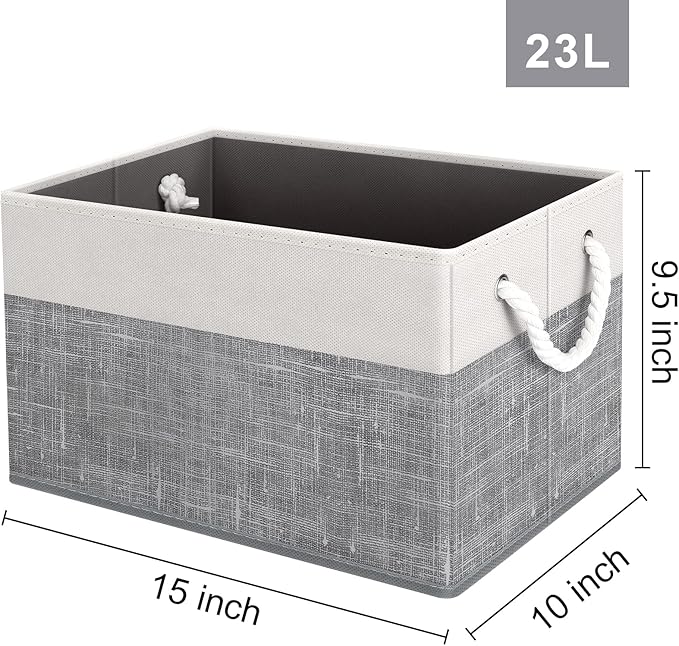 Fab totes Storage Bins 6-Pack, Foldable Storage Baskets for Organizing Toys, Books, Shelves, Closet, Large Storage Box with Rope Handles, Sturdy Organizer Bins, White & Grey