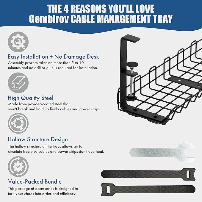 Under Desk Cable Management Tray - No Drilling, Tools-Free, Adjustable Iron Organizer, Modern Minimalist Style for Home Office