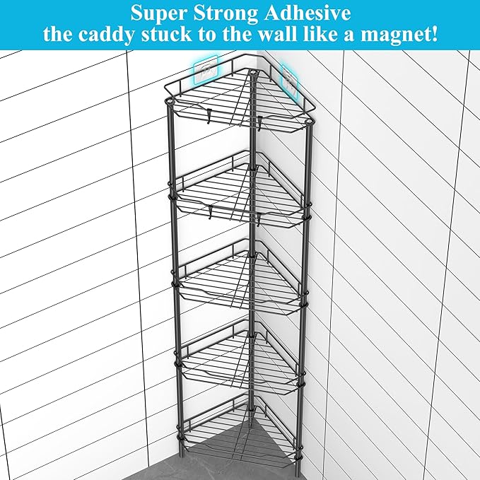 5 Tier Floor Standing Corner Shower Caddy Organizer Shelf with Hooks, Matt Black