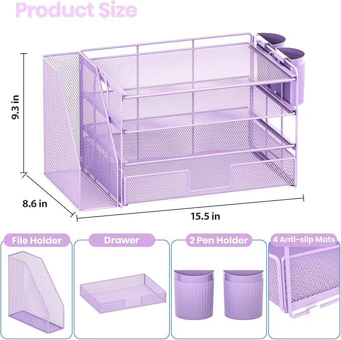 OPNICE Desk Organizer, 4-Tier Desktop File Organizer with Drawer and 2 Pen Holders, Office Desk Accessories, File Sorters, Workspace Organizers for Office Supplies(Purple)