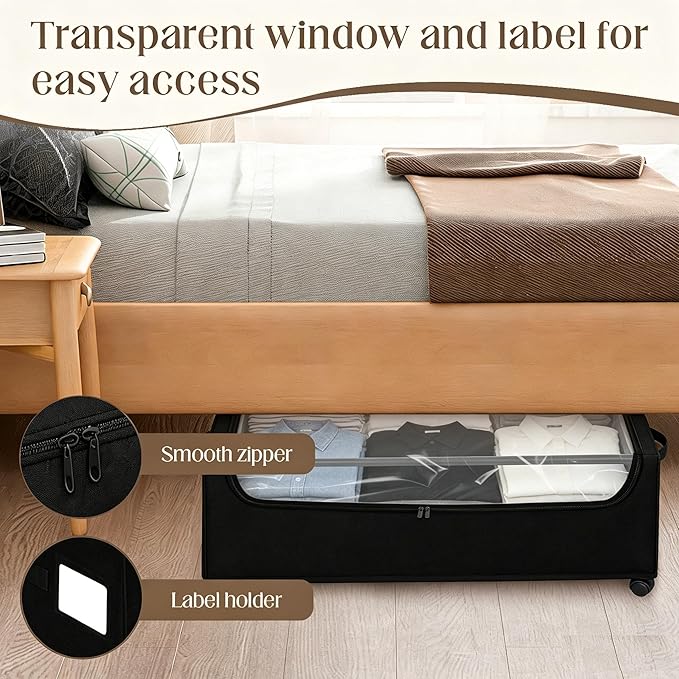 Under Bed Storage with Wheels, 2 Pack Under Bed Storage Containers, 10.6 inches Tall Underbed storage bins on Wheels, Rolling Under the Bed Metal Drawers for Clothes, Blankets, Shoes (XXXL, 90L)