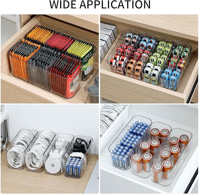 4 Pack Cord Organizer Box for Desk Drawer, Plastic Cable Storage Case with Wire Ties, Clear Home Office Supplies Container for Phone Charger, Art Crafts and bathroom Accessories