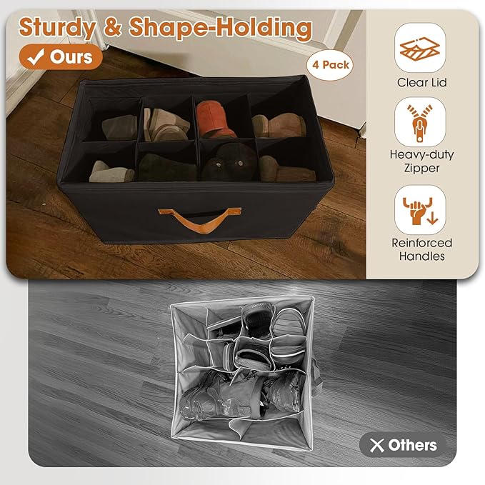 4-PackShoe Organizer for Closet, Foldable Shoe Storage Box with Adjustable Dividers & Clear Cover, Fits 32 Pairs, Black, Durable and Space-Saving