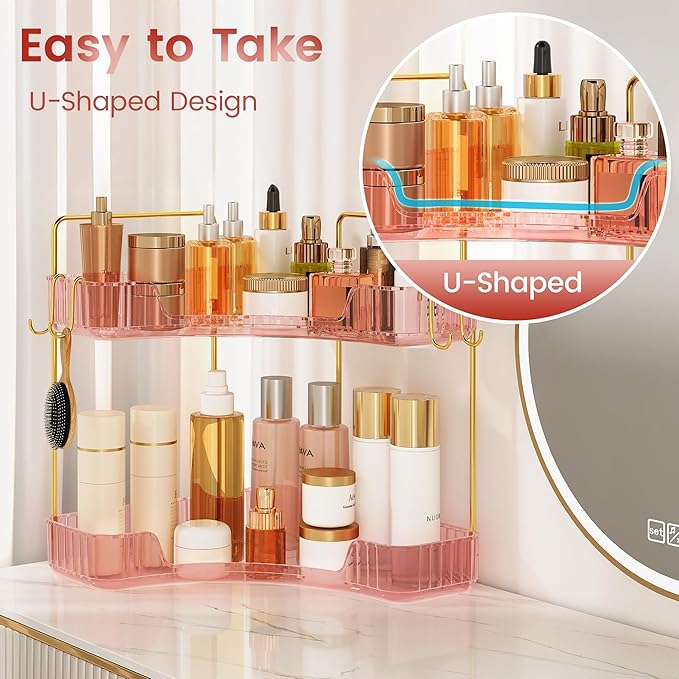 Delicate Pink 2-Tier Corner Counter Organizer with Expandable Hooks, Bathroom
