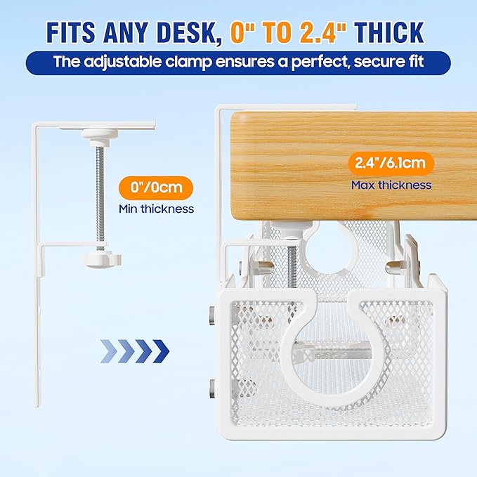 Upgraded 25.2'' Under Desk Cable Management Tray, No Drill Clamp-On Design Wire Organizer, Cable Organization Box for No Damage to Desk, Metal Cord Organizer for Home Office, White