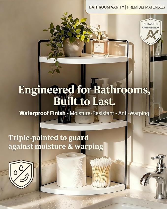 3-Tier Corner Bathroom Countertop Organizer, Solid Pine Wood Vanity Corner Shelf for Skincare & Makeup, Waterproof Standing Rack for Bathroom, Vanity, Kitchen & Dresser, Large 15.7"H, White