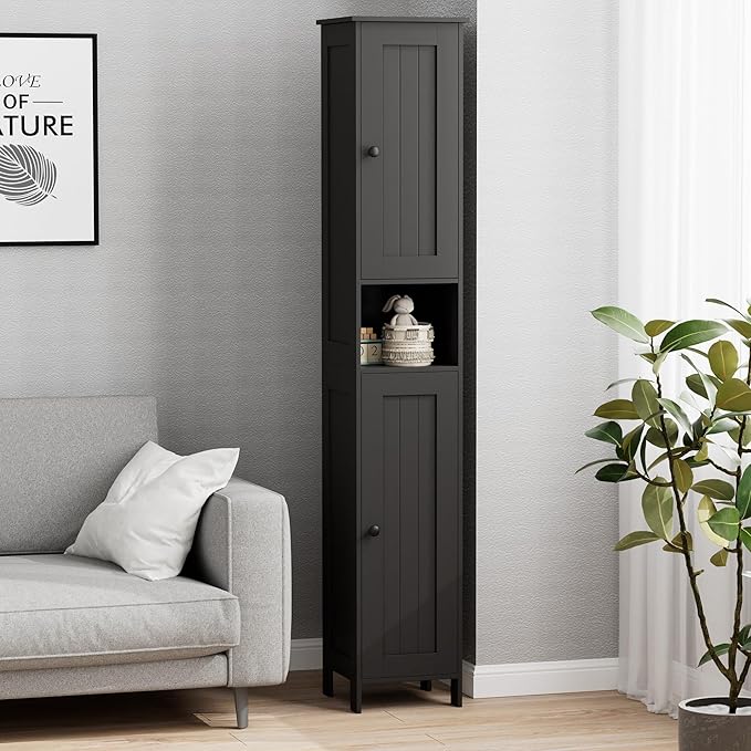 Homleke Tall Bathroom Storage Cabinet with 2 Doors, 67"H Narrow Storage Cabinet with Adjustable Shelves& Anti-Tip Design, Reversible Door Installation, Easy Assembly, 11.8 x 11.8 x 66.9 Inches, Black