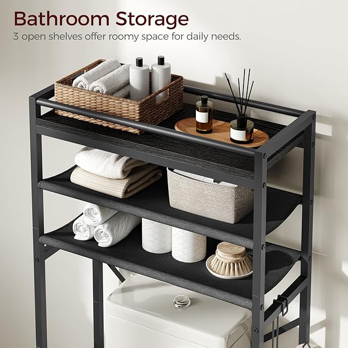 MAHANCRIS Over Toilet Storage, 3-Tier Bathroom Organizer Shelf with Toilet Paper Holder, Freestanding Space Saver Bathroom Shelves Above Toilet for Bathroom, Laundry Room, Black TSBK1201