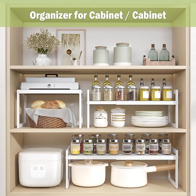 DOLALIKE Expandable Kitchen Countertop Organizer, Stackable Cabinet Shelf Organizers, Space Saving Spice Rack Pantry Storage for Bathroom Office Organization (White, 2 Tier)