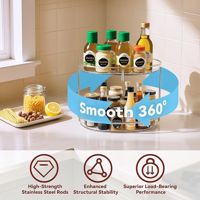 2 Tier Lazy Susan Turntable Organizer for Cabinet, 9.25'' Rotating Spice Rack Organization for Kitchen, Pantry, Bathroom, Vanity, Countertop, Medicine Storage, Seasoning Spice Organizer, 2 Pack