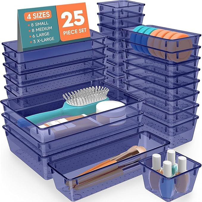 25 PCS Plastic Drawer Organizer Set, Dark Blue