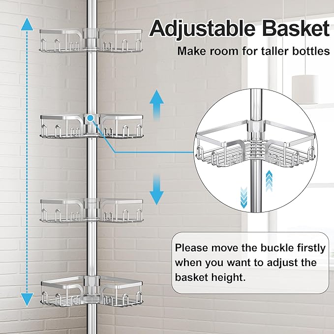 Corner Shower Caddy Tension Pole 4 Tier Adjustable Stainless Steel Shower Shelf for Inside Shower Bathtub Shampoo,Standing Bathroom Organizer Shelves with 39 to 113 inch Height