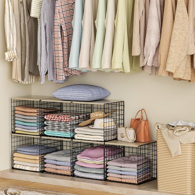 Hencawima 6 Pack Stackable Closet Organizers and Storage Basket, Closet Shelves with Wood Top, Clothes Storage Bin/Cube Organizer for Wardrobe, Space-Saving, Closet Organization, Black, Sturdy, Metal