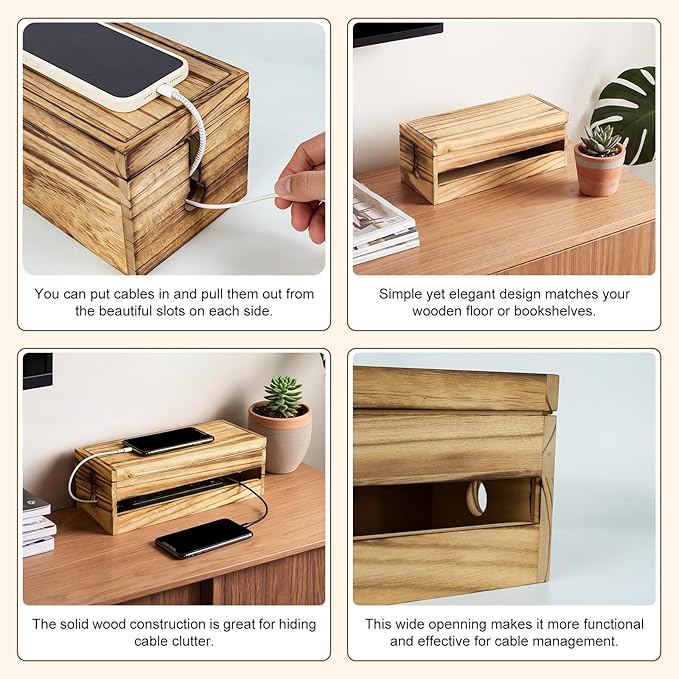 Changsuo Cable Management Box Wooden Cord Organizer Box for Extension Cord Power Stripe Surge Protector Wire Management Concealer Cover Hider for Desktop Home Office Kitchen (Carbonized Brown)