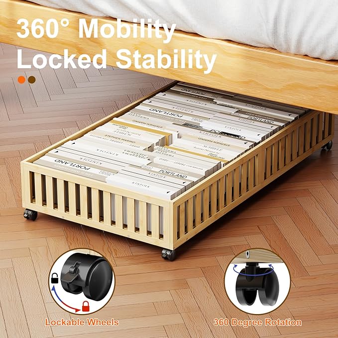 Bamboo Under Bed Storage Containers with Wheels, 40L UnderBed Drawers with Dust Bag, Breathable Under Bed Shoe Storage, Rolling UnderBed Clothes Storage, 2Pack