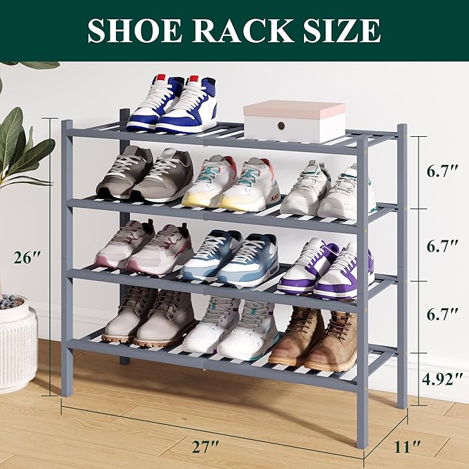 Smiry Bamboo Shoe Rack for Closet, 4 Tier Wooden Shoe Organizer, Stackable Wood Shoe Storage Shelf for Entryway, 14 Vertical Slats, 2+2 Stack Heavy-Duty Legs, 26.77"x11.02"x25.98", Grey