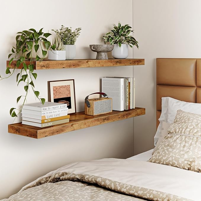 Fixwal Wall Shelves, 35" Long Heavy Duty Wall Mounted Rustic Wood Shelves for Living Room, Bedroom, Bathroom and Kitchen, Wall Shelves for Storage, Books, Room Decor (Rustic Brown, Set of 2)