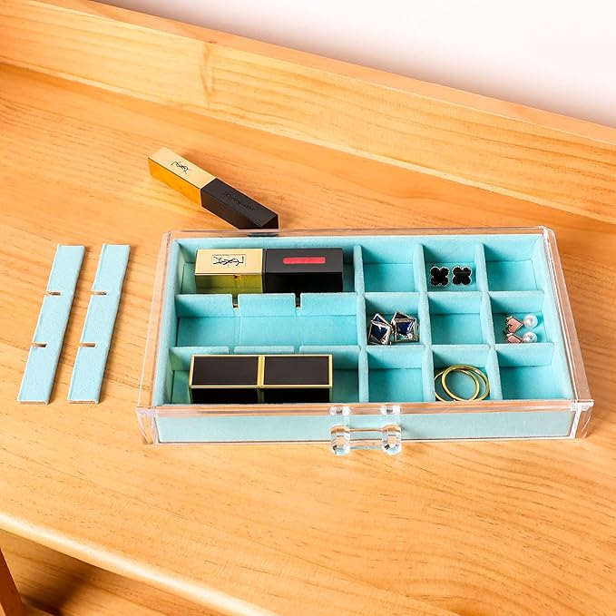 Frebeauty Acrylic Jewelry Organizer Earring Organizer Box with 5 Drawers Earring Holder Organizer with Velvet Trays Clear Jewelry Box for Women Earring Display for Rings Studs(Turquoise)