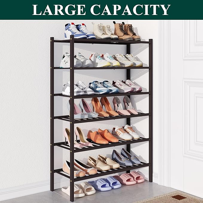 Bamboo Shoe Rack for Closet, 6 Tier Wooden Shoe Organizer, Brown