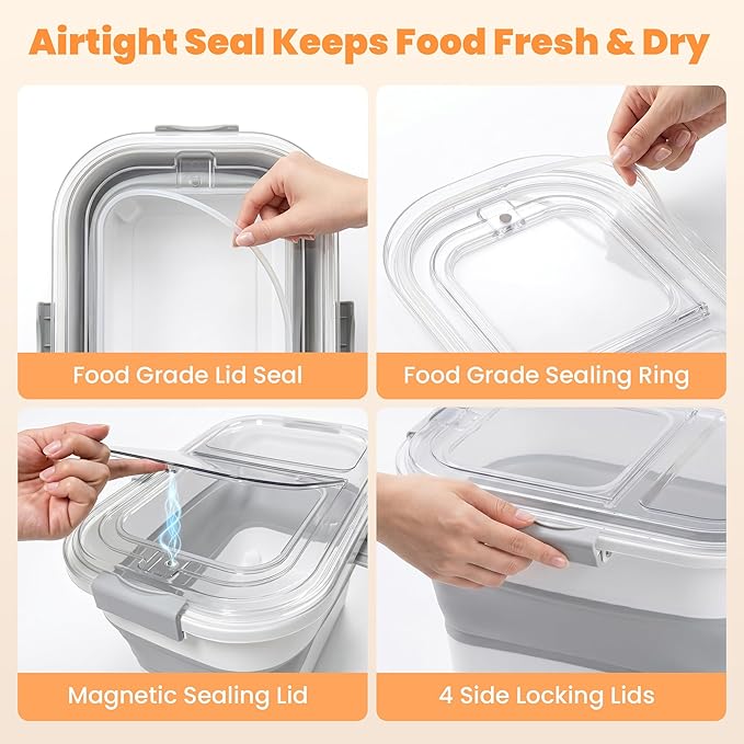 30 Lbs Rice Storage Container with Wheels, Collapsible Airtight Food Storage Container with Transparent Lid, Measuring Cup, Scoop, Handle, BPA Free Rice Holder for Pet Food, Grain, and Bird Seed