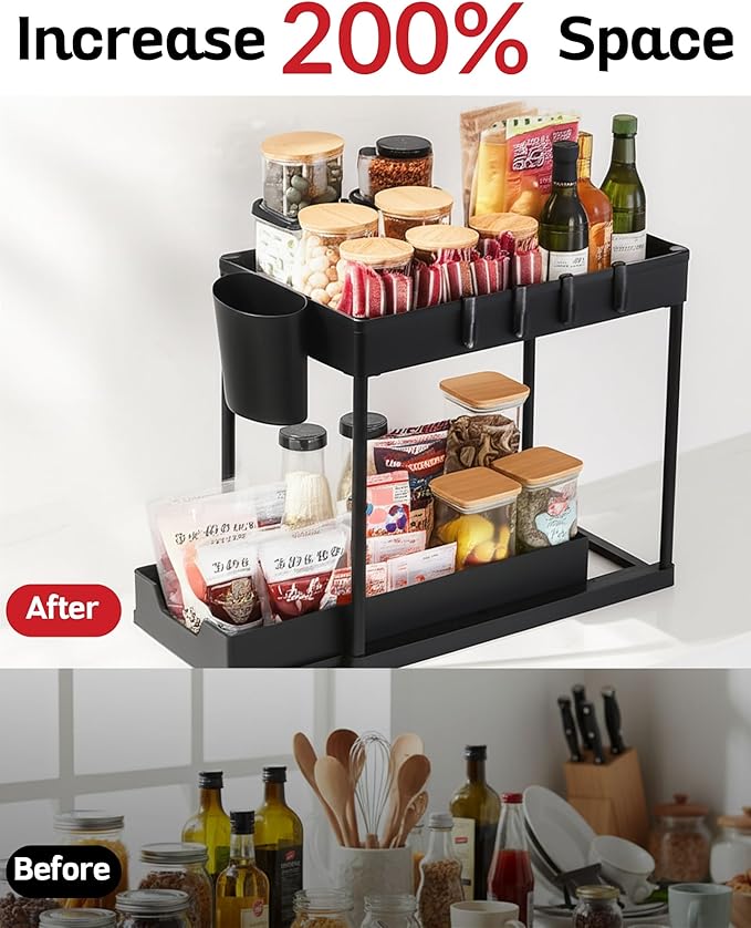 2 Tier Under Sink Organizer with Sliding Drawer, Pull Out Cabinet Storage Rack for Kitchen Bathroom Pantry, Multi Purpose Shelf with Removable Side Hooks and Hanging Cup, Tool Free Assembly