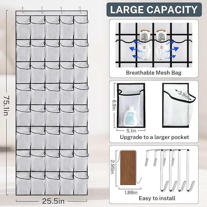 2PCS 40-Pocket Over the Door Shoe Organizer, Hanging Shoe Rack for Closet Door,Shoes Storage Holder Hanger with Large Mesh Pocket for Women Men Shoes,Flip Flops (White-W2)