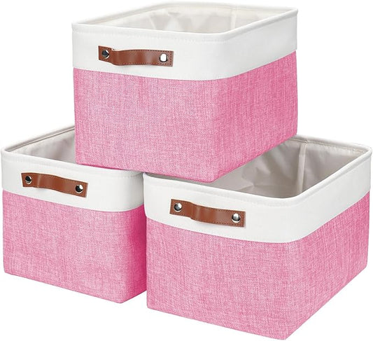 Storage Bins Large Fabric Storage Baskets for Shelves 3 Pack, Pink&White